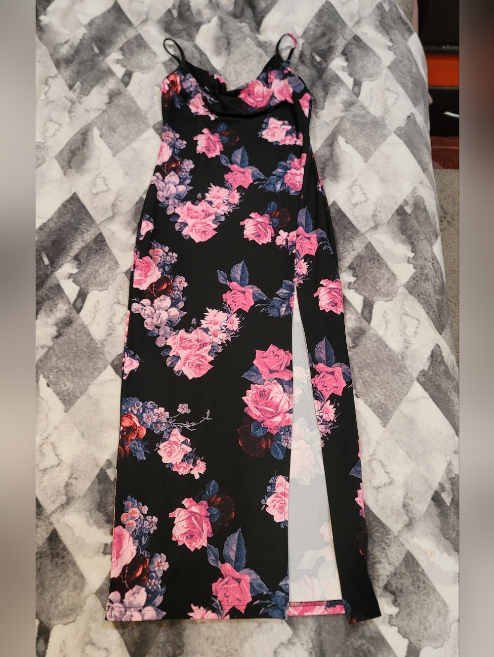 SHEIN Black Slip Dress with Pink Floral Print